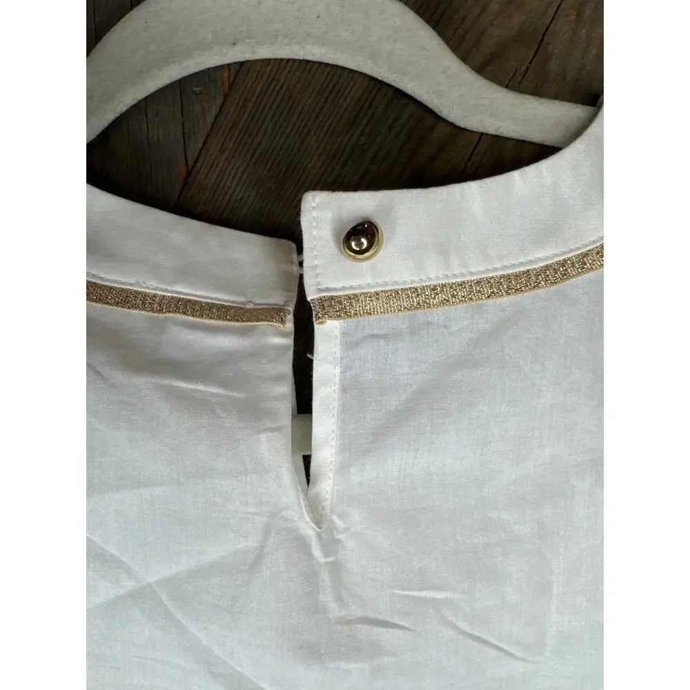 Janie and Jack White Dress Girls Size 4, 100% Cotton, Gold-Trimmed V-Neck